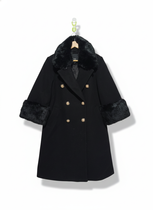 RIVER ISLAND|M|BUST 19| Black Double-Breasted Coat With Faux Fur Trim