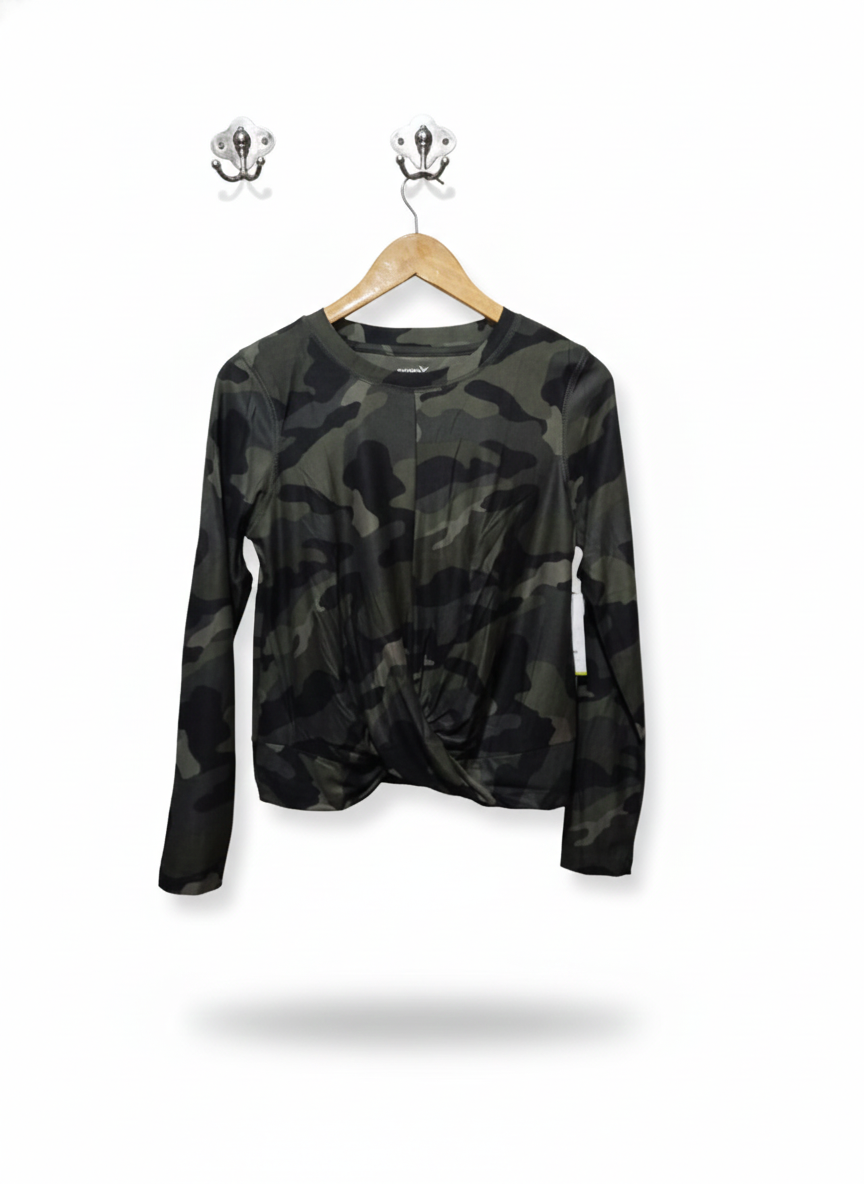OLD NAVY ACTIVE|M|BUST 17|CAMOUFLAGE LONG SLEEVE TWIST FRONT TOP
