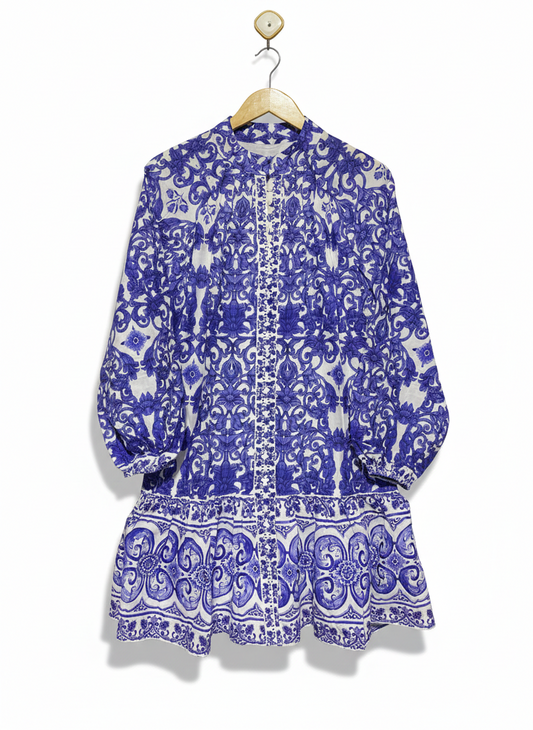 ANTONIO MELANI |XS| BUST 21| Brynn dress in the "Navy Blue White Sea La Vie" Print