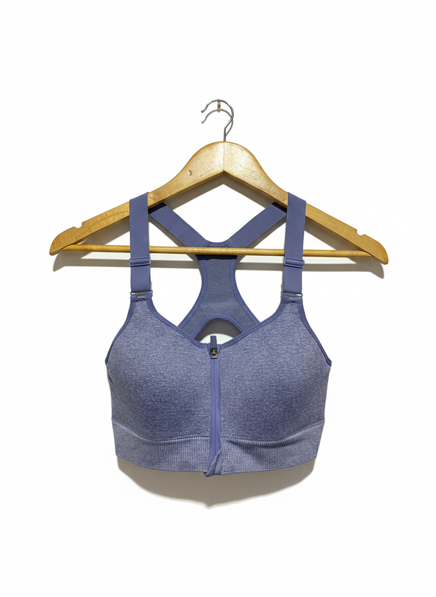 PINK ACTIVE |S| BUST 13| Front-Zip Sports Bra in a Blue-Gray Heathered Color