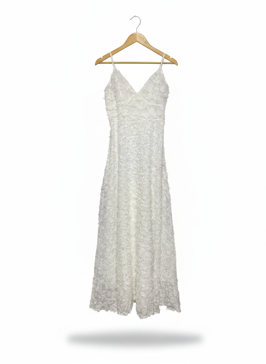 WHITE TEXTURED V-NECK MAXI SLIP DRESS |M| BUST 16|