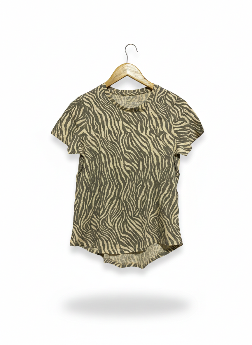 COTTON ON |M/L| BUST 18| C1| WOMEN'S ZEBRA PRINT CASUAL TEE – NEUTRAL ANIMAL PATTERN SHORT SLEEVE TOP WITH CURVED HEM