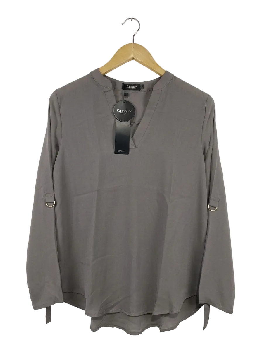 CLOCOLLOR |M| BUST 19| B19| V-NECK ROLL-TAB SLEEVE BLOUSE - TAUPE GREY