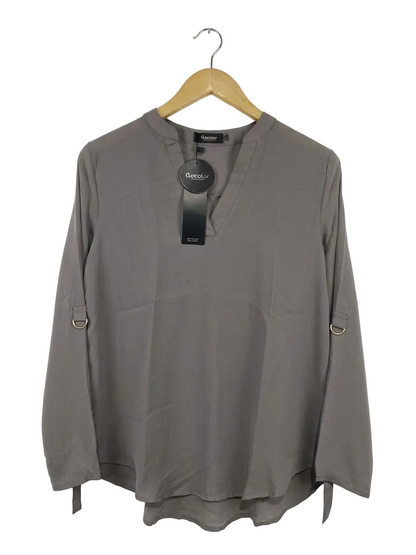 CLOCOLLOR |M| BUST 19| B19| V-NECK ROLL-TAB SLEEVE BLOUSE - TAUPE GREY