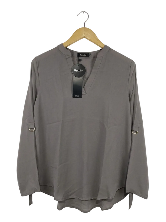 CLOCOLLOR |M| BUST 19| B19| V-NECK ROLL-TAB SLEEVE BLOUSE - TAUPE GREY