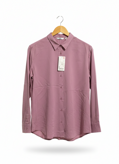 UNIQLO | M| B2| BUST 20| ESSENTIAL MAUVE BUTTON-DOWN BLOUSE – ELEGANT DUSTY PINK LONG-SLEEVE TOP