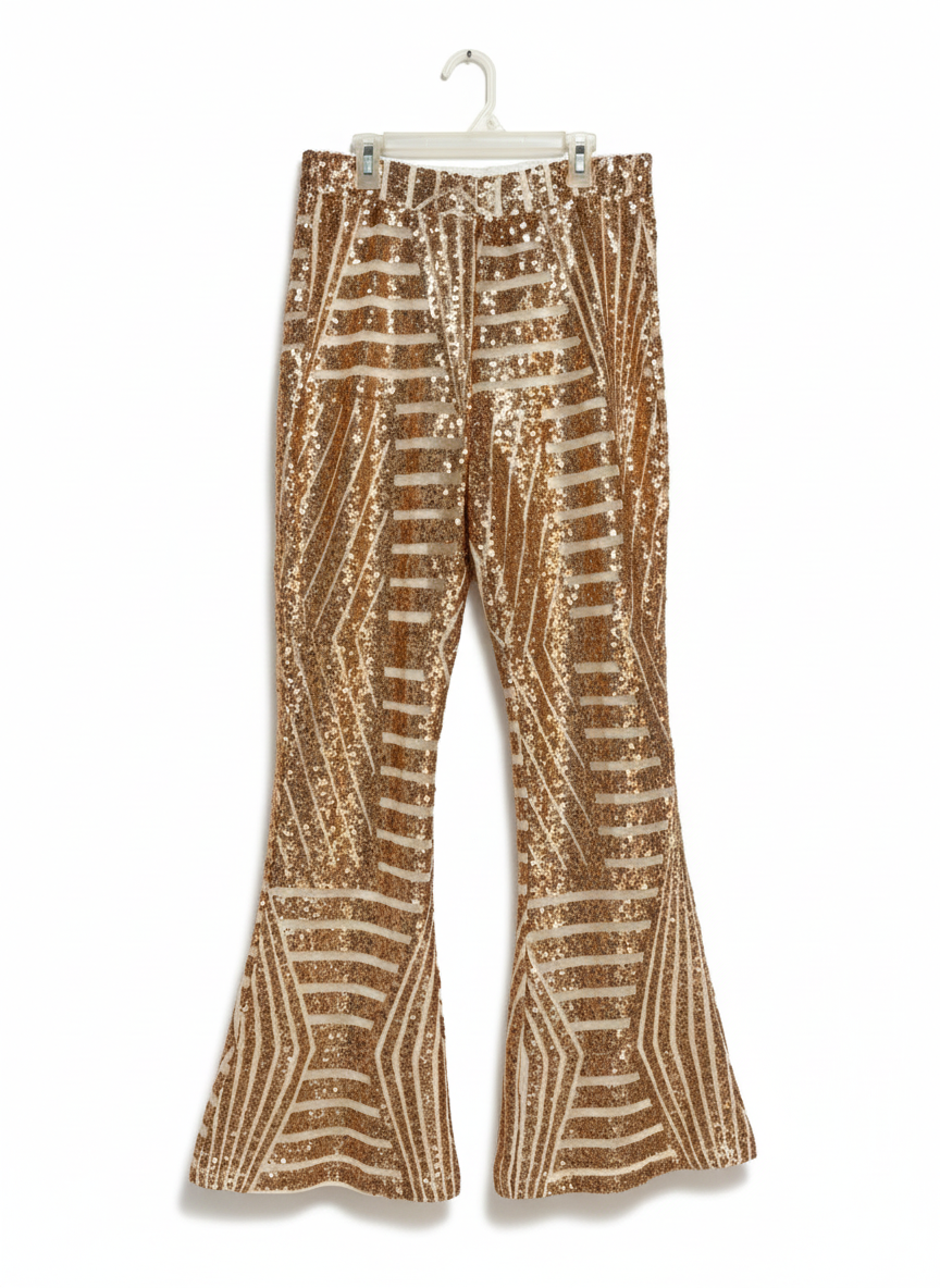 GOLD AND WHITE SEQUINED FLARE PANTS| M/L |WAIST 28