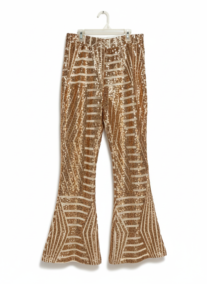 GOLD AND WHITE SEQUINED FLARE PANTS| M/L |WAIST 28