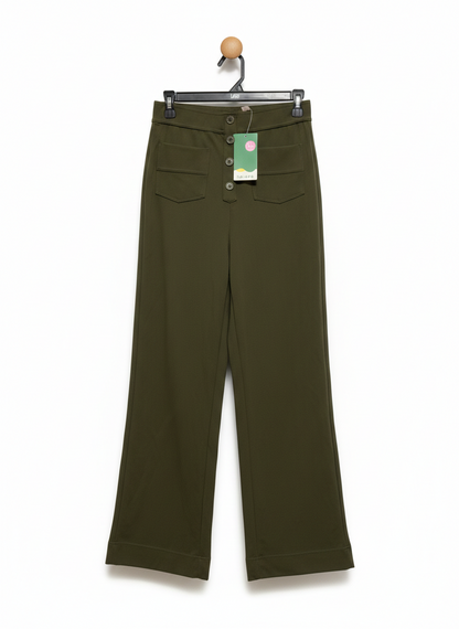 HALARA |S| WAIST 27| OLIVE HIGH-WAISTED BUTTON-FRONT TROUSERS