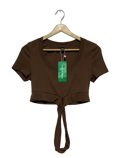 SHEIN |M| BUST 15| B19| EZWEAR RIBBED TIE-HEM CROP TOP - COFFEE BROWN