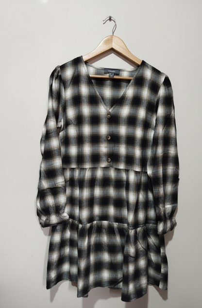 Primark Boho Check Tiered Smock Dress Long Sleeve Brushed Cotton W-17.5 /L-35