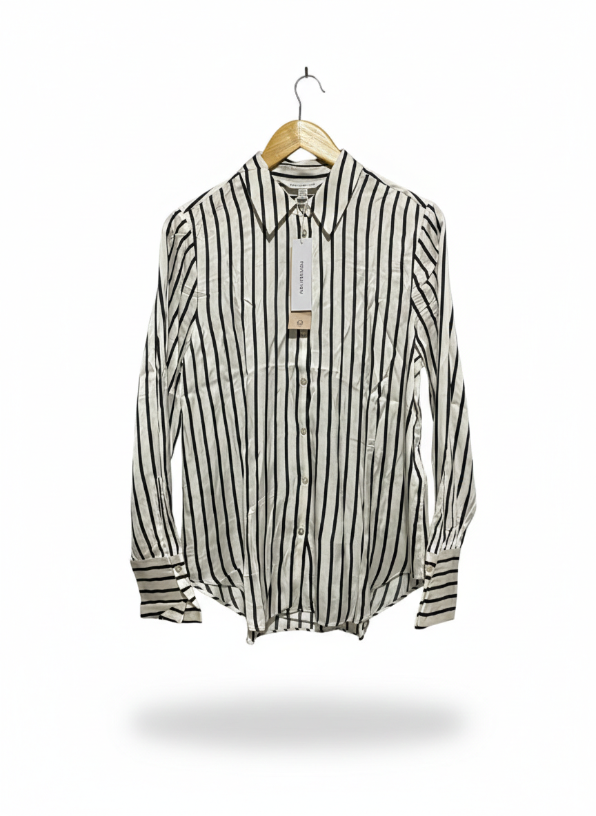 FOREVER |M| BUST 20| WOMEN'S VERTICAL STRIPED BUTTON-UP SHIRT IN WHITE AND BLACK