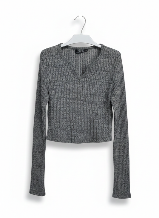 SHEIN|XS|BUST 13|Womens V Neck Ribbed Knit Crop Sweater