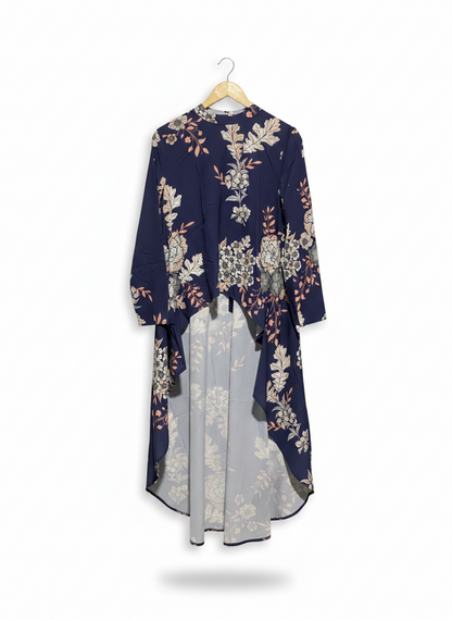STELLA |M| BUST 18| C6| NAVY BLUE FLORAL LONG SLEEVE HI-LOW TUNIC DRESS