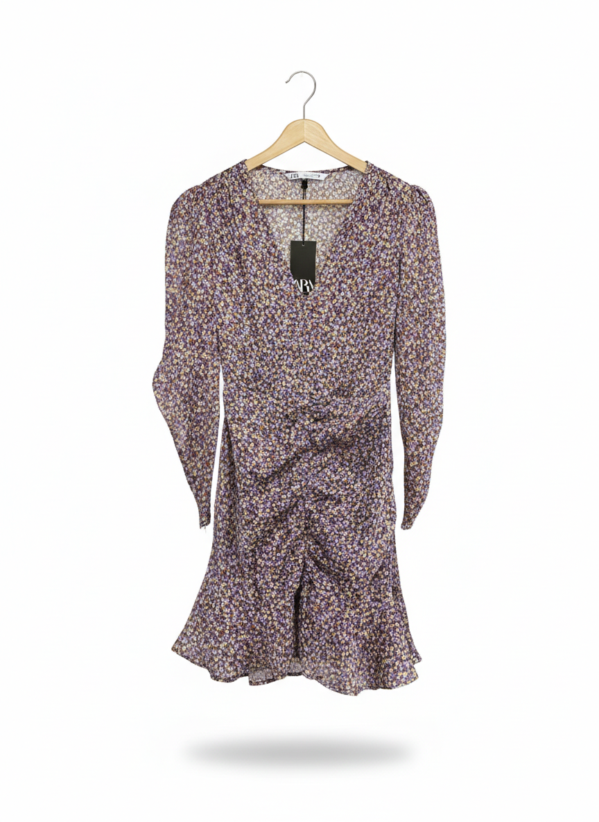 ZARA |S| BUST 16| C3| VINTAGE GRAPE FLORAL RUCHED MINI DRESS