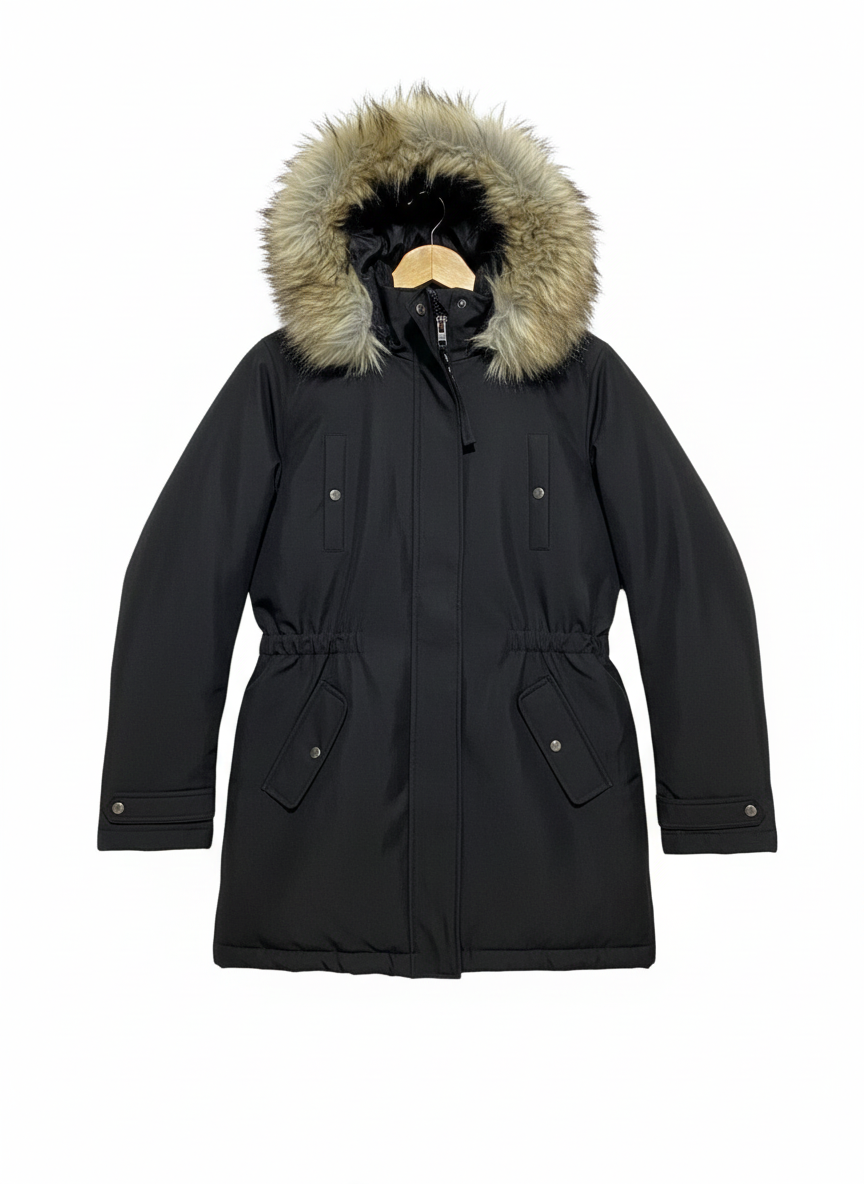 ONLY LIFE|S/M|BUST 19|BLACK PARKA JACKET WITH FAUX-FUR TRIMMED HOOD AND DRAWSTRING WAIST