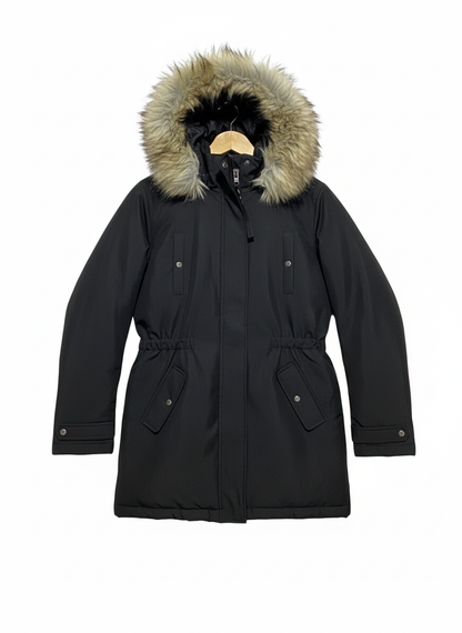 ONLY LIFE|S/M|BUST 19|BLACK PARKA JACKET WITH FAUX-FUR TRIMMED HOOD AND DRAWSTRING WAIST