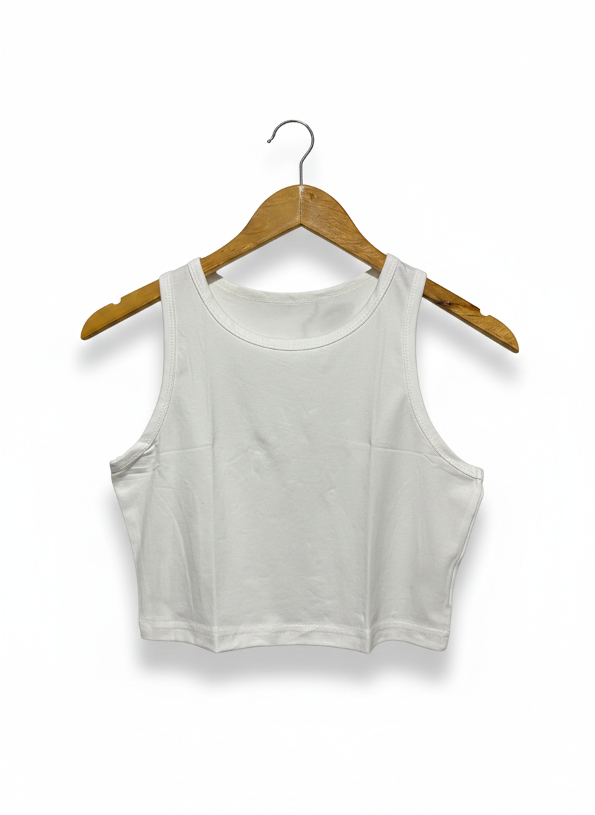 WHITE HIGH-NECK RACERBACK COTTON CROP TOP |S| BUST 15|