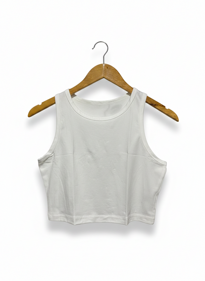 WHITE HIGH-NECK RACERBACK COTTON CROP TOP |S| BUST 15|