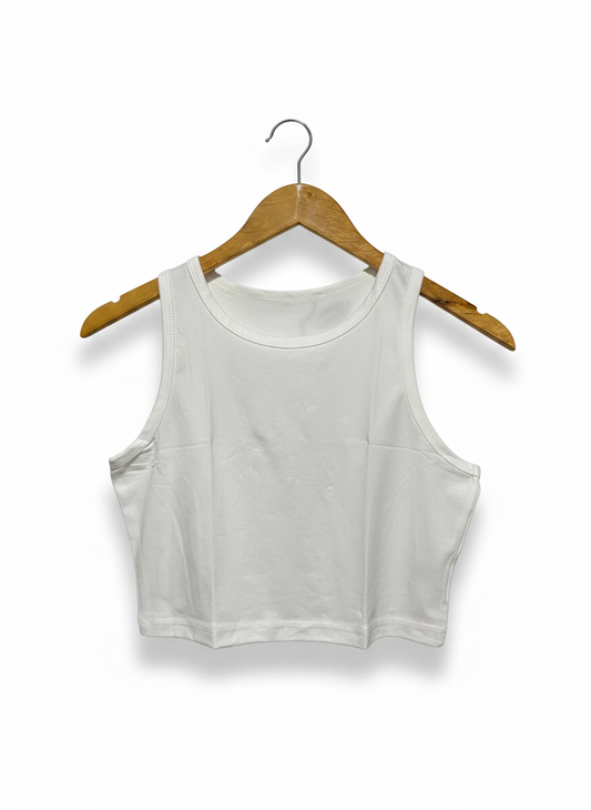 WHITE HIGH-NECK RACERBACK COTTON CROP TOP |S| BUST 15|