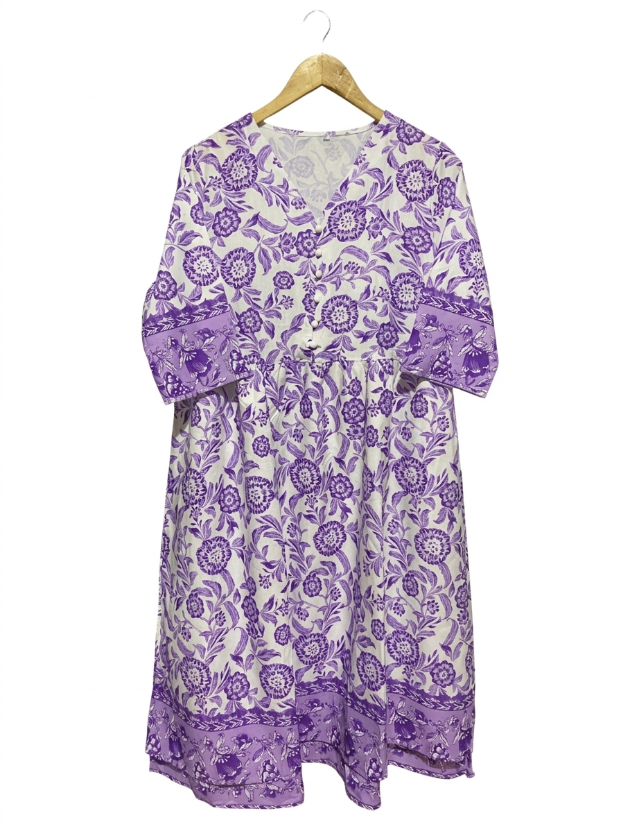 |XL| BUST 21| B9| PURPLE FLORAL PRINT BUTTON-FRONT MIDI DRESS