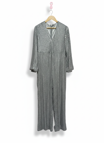 SILVER SEQUIN LONG SLEEVE WIDE LEG JUMPSUIT|BUST 21X|L/XXL