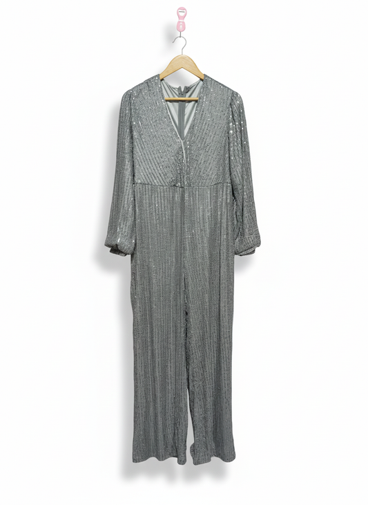 SILVER SEQUIN LONG SLEEVE WIDE LEG JUMPSUIT|BUST 21X|L/XXL
