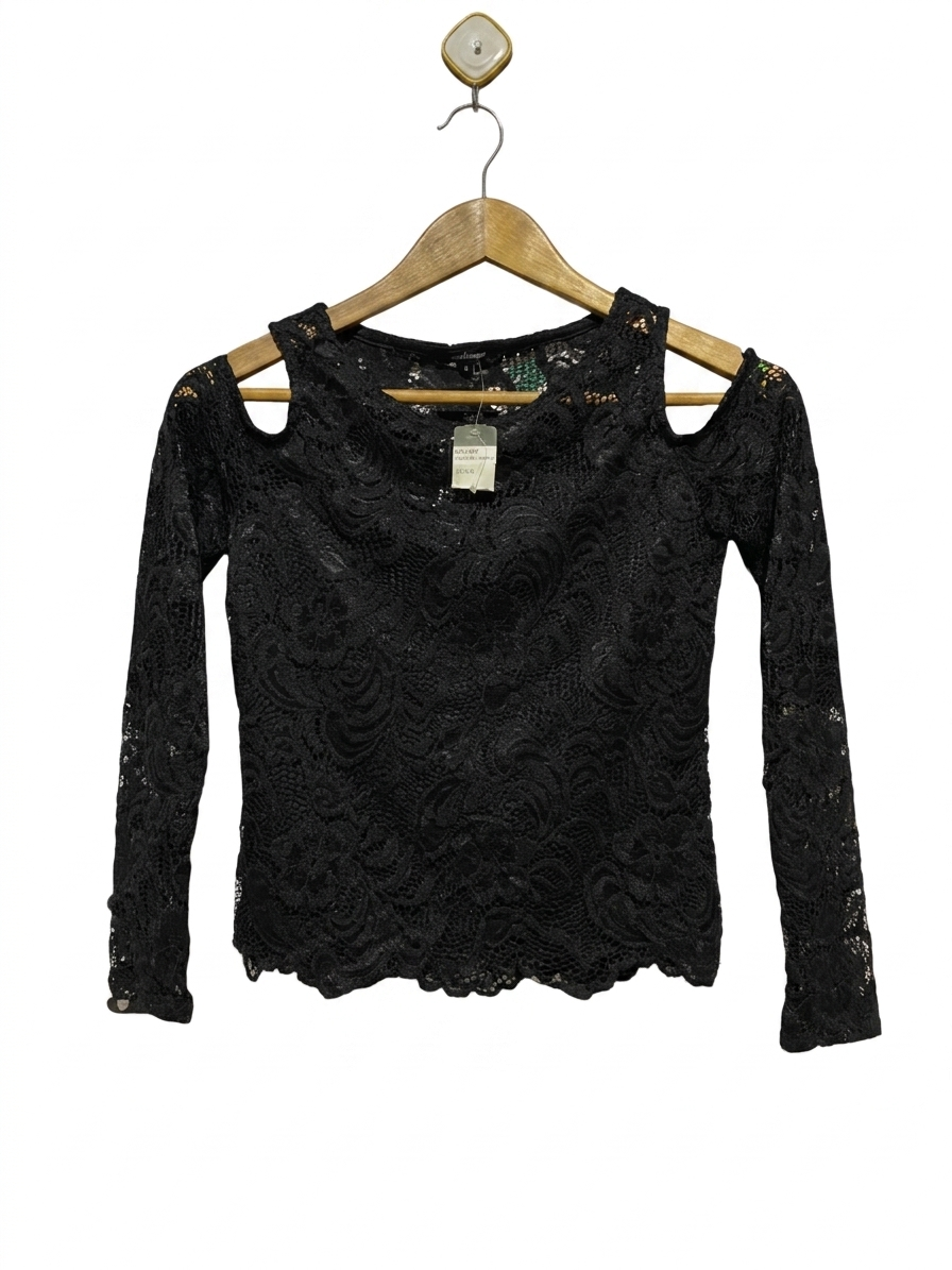 AMBIANCE |S| BUST 15| B10| WOMEN’S BLACK FLORAL LACE COLD-SHOULDER LONG SLEEVE TOP