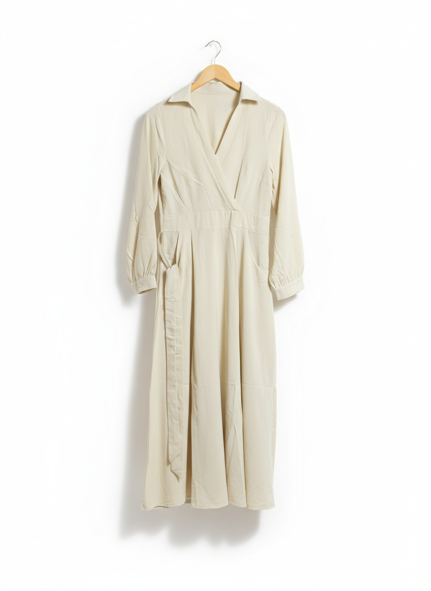 ELEGANT CREAM WRAP-STYLE MIDI DRESS WITH SOPHISTICATED SIDE BELT DETAILING |M| BUST 18|
