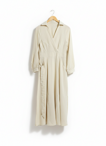 ELEGANT CREAM WRAP-STYLE MIDI DRESS WITH SOPHISTICATED SIDE BELT DETAILING |M| BUST 18|