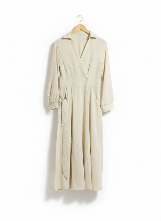 ELEGANT CREAM WRAP-STYLE MIDI DRESS WITH SOPHISTICATED SIDE BELT DETAILING |M| BUST 18|