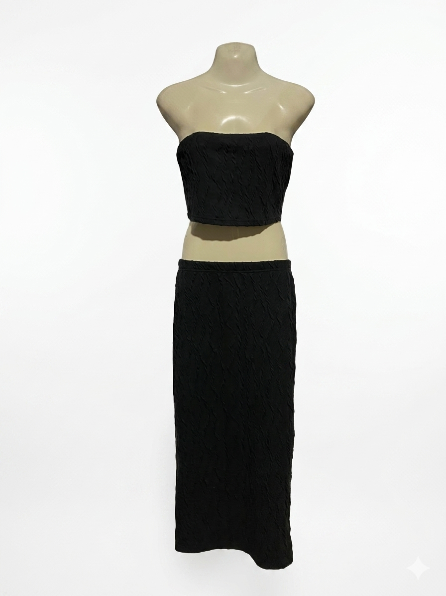 SHEIN |S| B27| WOMEN'S PREMIUM BLACK CRINKLE TEXTURE 2-PIECE CO-ORD SET