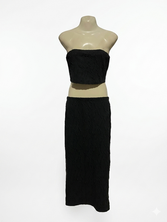 SHEIN |S| B27| WOMEN'S PREMIUM BLACK CRINKLE TEXTURE 2-PIECE CO-ORD SET