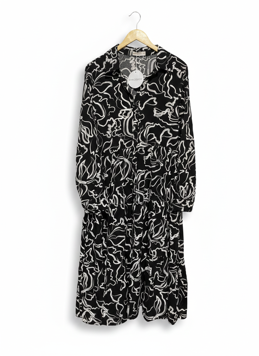 GRACE & CO |XL| BUST 21| C6| BLACK & WHITE ABSTRACT SHIRT DRESS