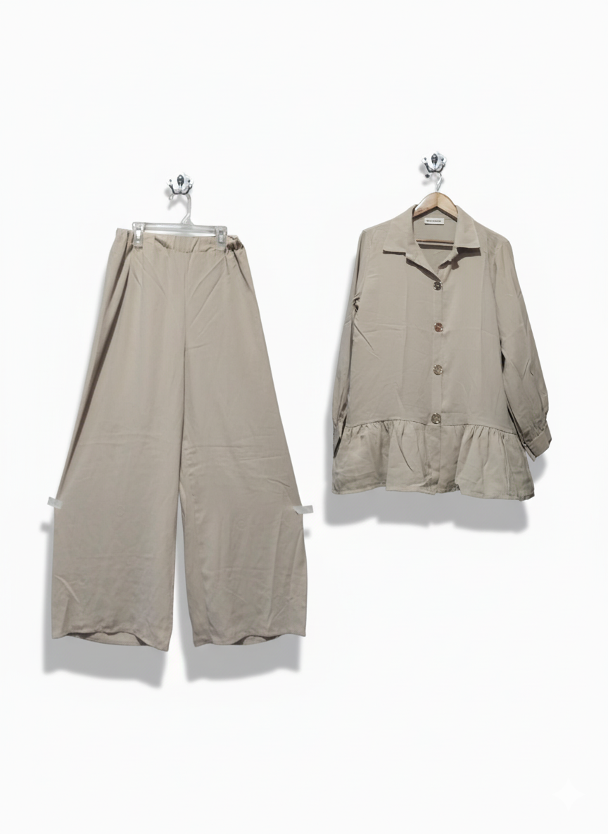 Beige Linen-Blend Co-ord Set: Ruffled Shirt and Wide-Leg Pants
