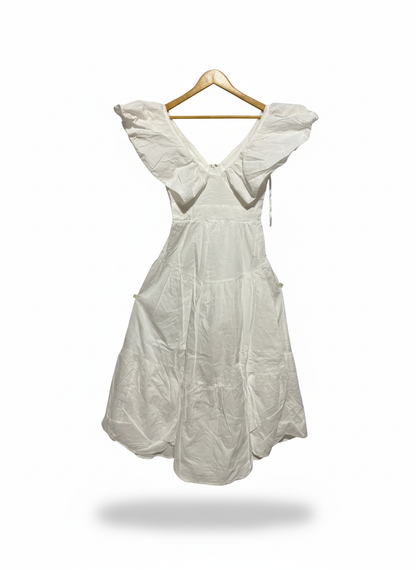 BILLY J |S|BUST 16|WHITE RUFFLED V-NECK MIDI DRESS