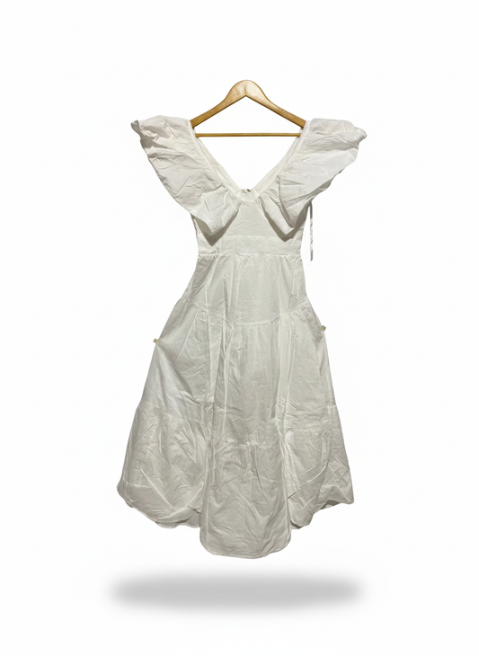 BILLY J |S|BUST 16|WHITE RUFFLED V-NECK MIDI DRESS