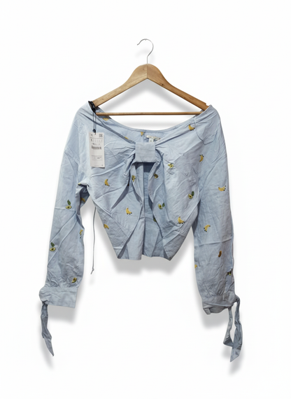 Zara Basic Collection Embroidered Fruit Chambray Bow Back Top