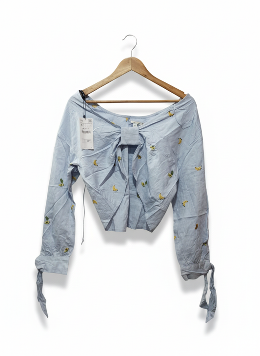Zara Basic Collection Embroidered Fruit Chambray Bow Back Top