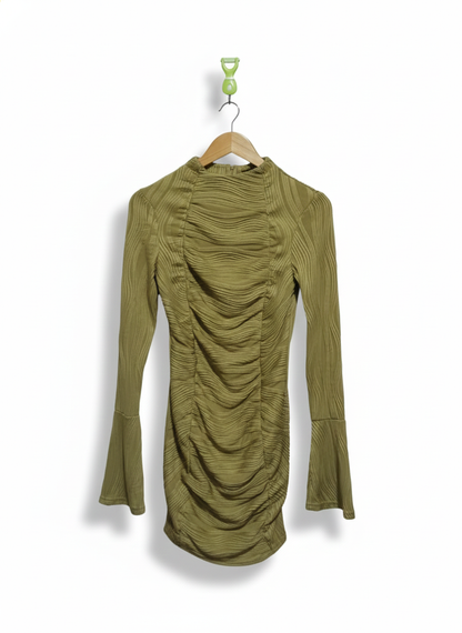 PRETTY LITTLE THING|M|BUST 16| KHAKI RUCHED BODYCON MINI DRESS