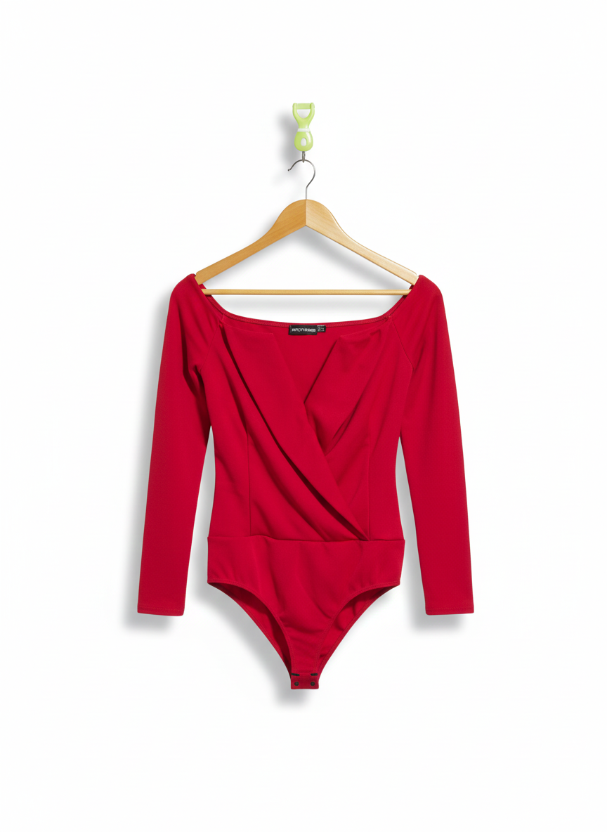 PRETTY LITTLE THING|M/L|BUST 16|RED OFF-THE-SHOULDER WRAP-FRONT BODYSUIT