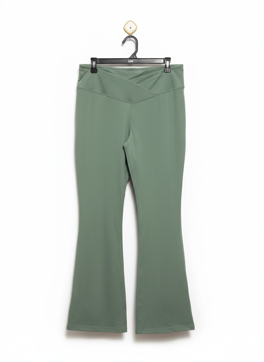 ANKO |L| WAIST 32| WOMEN'S HIGH-WAISTED CROSSOVER FLARE YOGA PANTS - SAGE GREEN