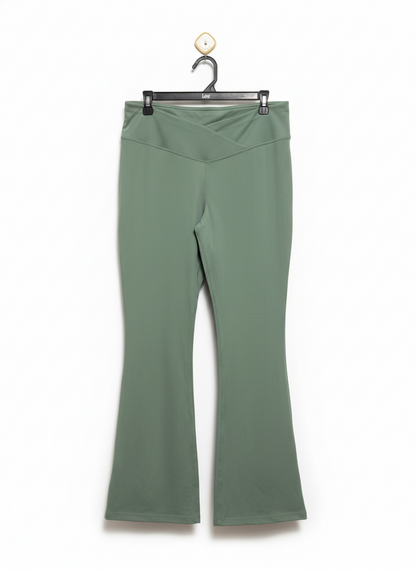 ANKO |L| WAIST 32| WOMEN'S HIGH-WAISTED CROSSOVER FLARE YOGA PANTS - SAGE GREEN