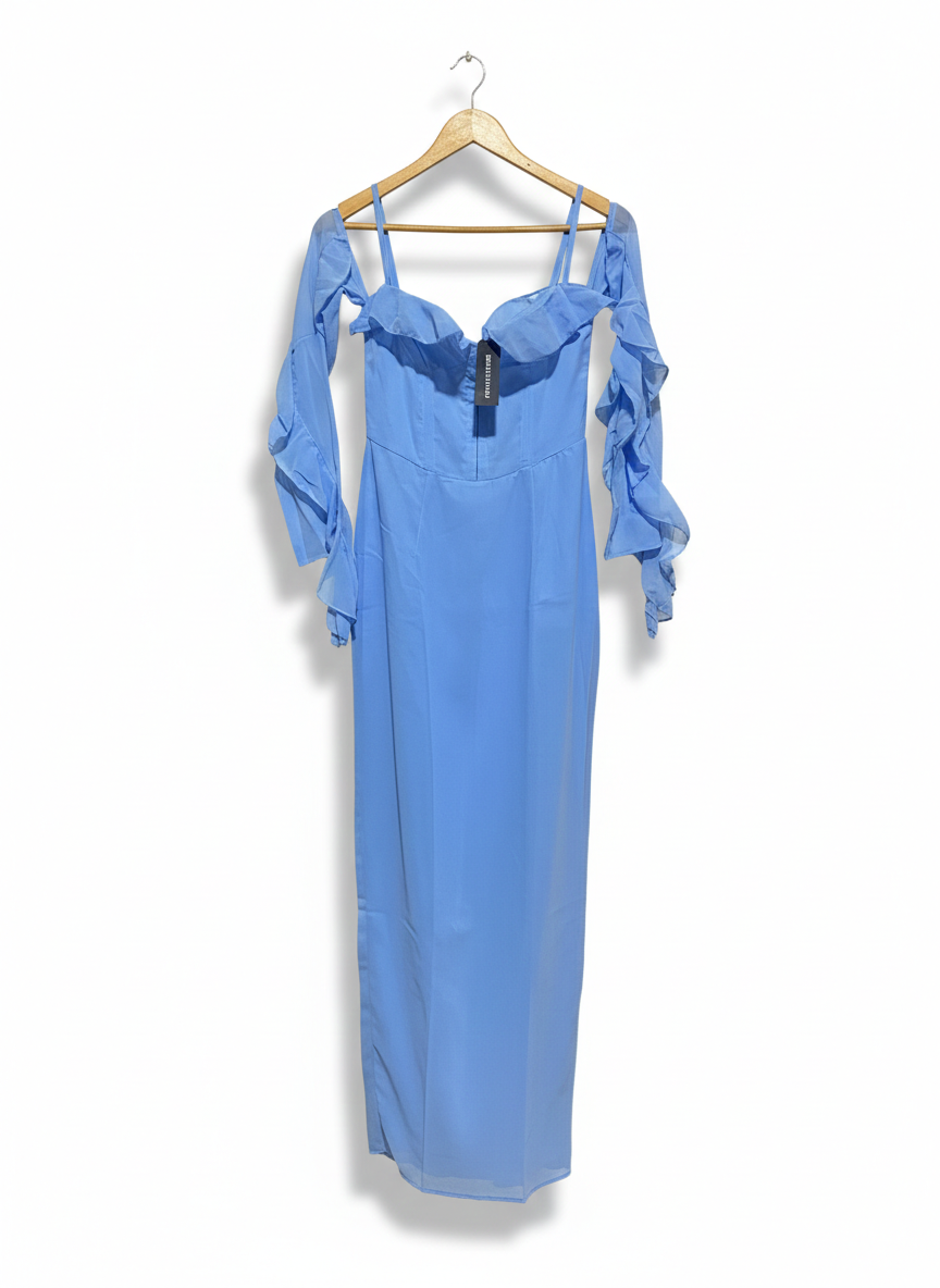 PRETTYLITTLETHING |S| BUST 14|C3| SKY BLUE COLD-SHOULDER RUFFLED MAXI DRESS