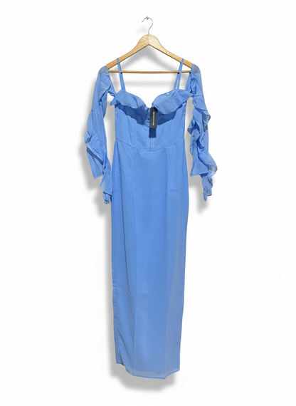 PRETTYLITTLETHING |S| BUST 14|C3| SKY BLUE COLD-SHOULDER RUFFLED MAXI DRESS