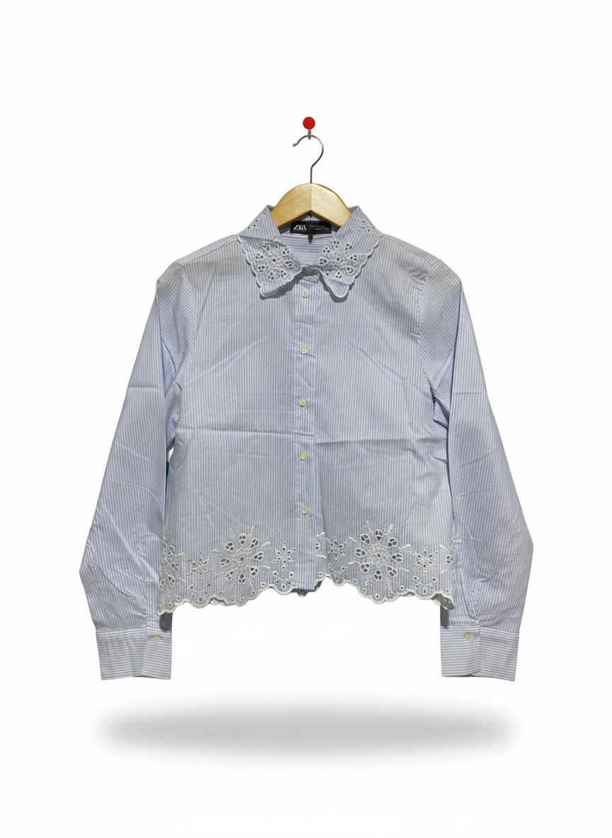 ZARA |S| BUST 18| CROPPED STRIPED SHIRT WITH EMBROIDERY