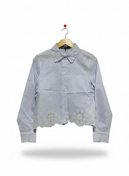 ZARA |S| BUST 18| CROPPED STRIPED SHIRT WITH EMBROIDERY