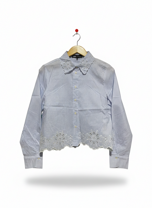 ZARA |S| BUST 18| CROPPED STRIPED SHIRT WITH EMBROIDERY