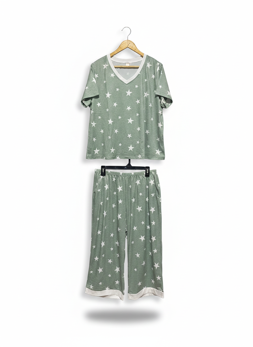 SAGE GREEN STAR PRINT PYJAMA SET |XL|