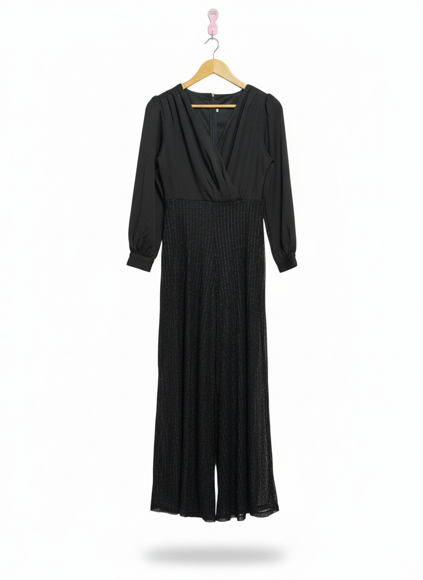 BLACK LONG SLEEVE WRAP METALLIC WIDE LEG JUMPSUIT|S|BUST 17